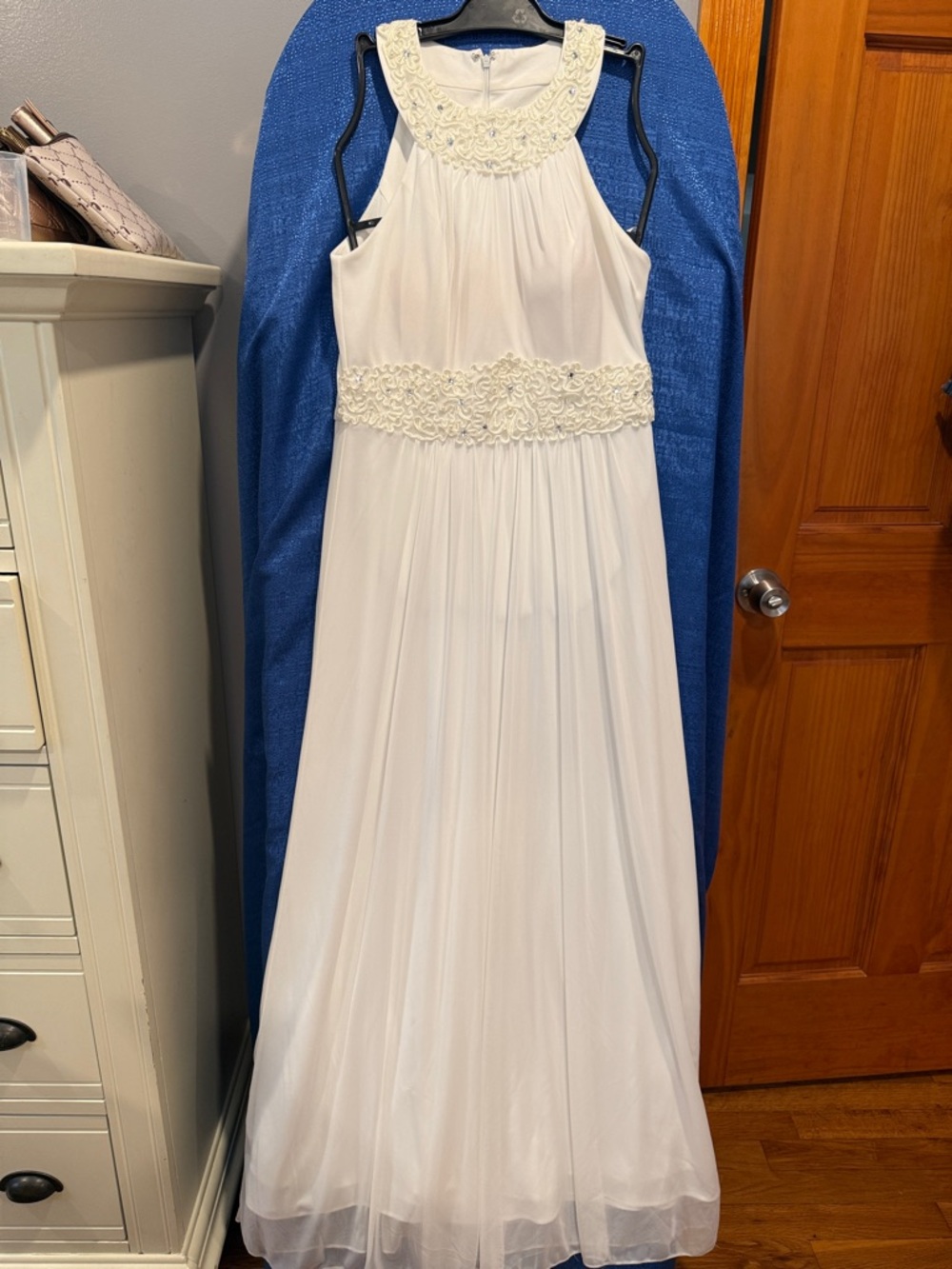 Elegant Ivory Halter Maxi Dress with Beaded Waist